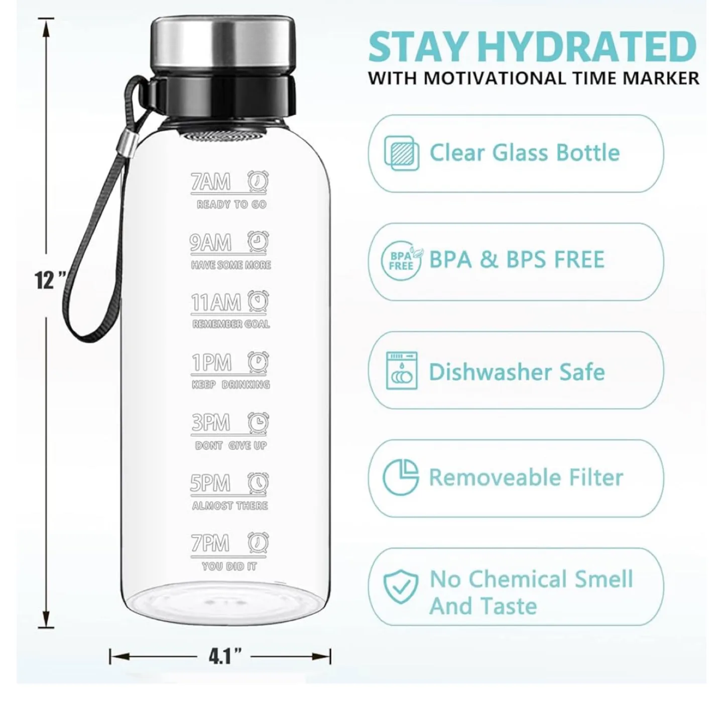 Clear Glass Water Bottle with Time Markers and Carry Strap thumbnail
