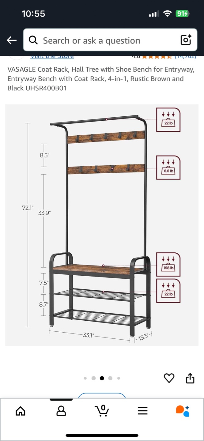 VASAGLE Coat Rack, Hall Tree with Shoe Bench