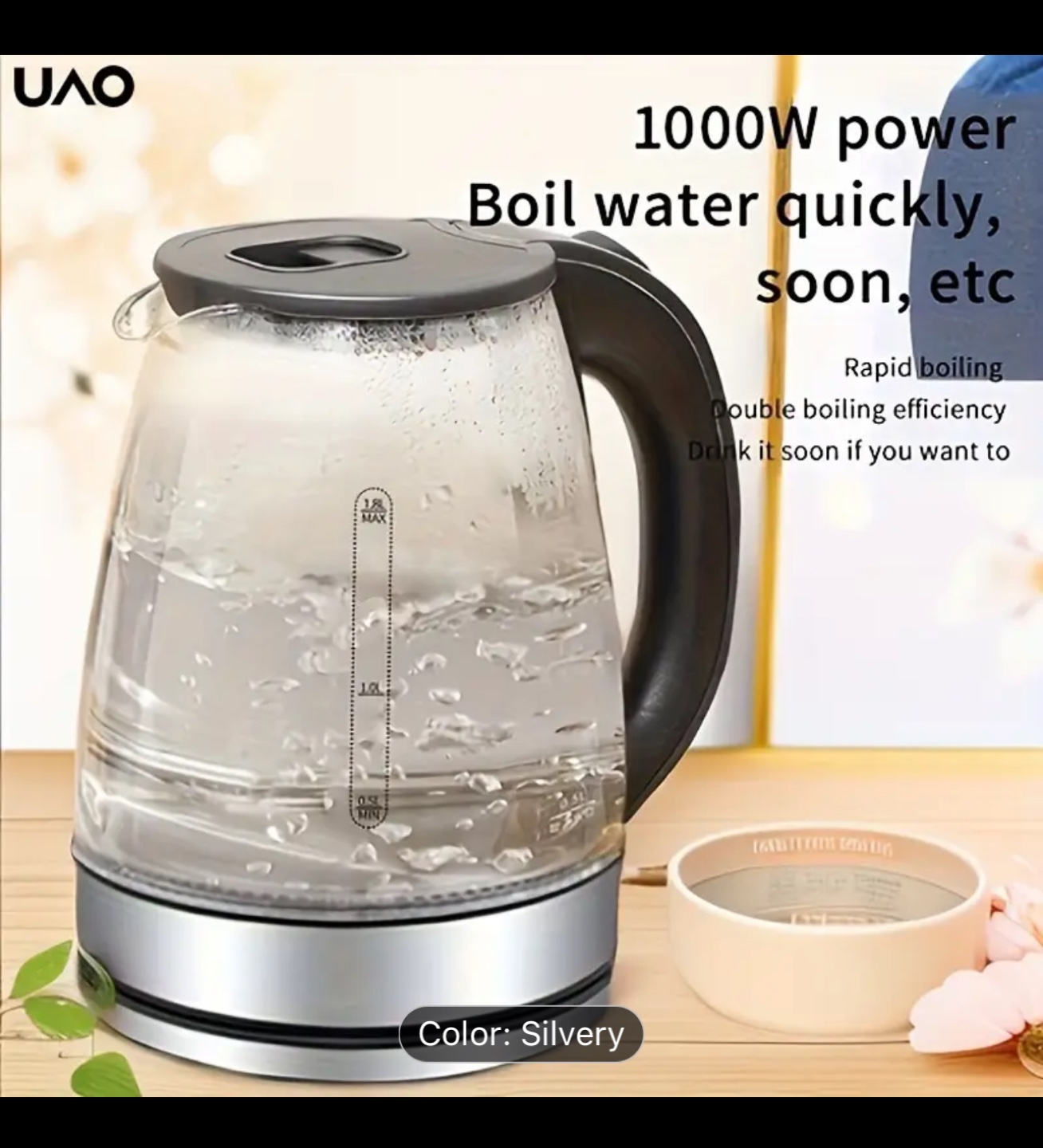 UAO 1.8L Glass Electric Kettle - Fast Boiling, 1000W - photo 3