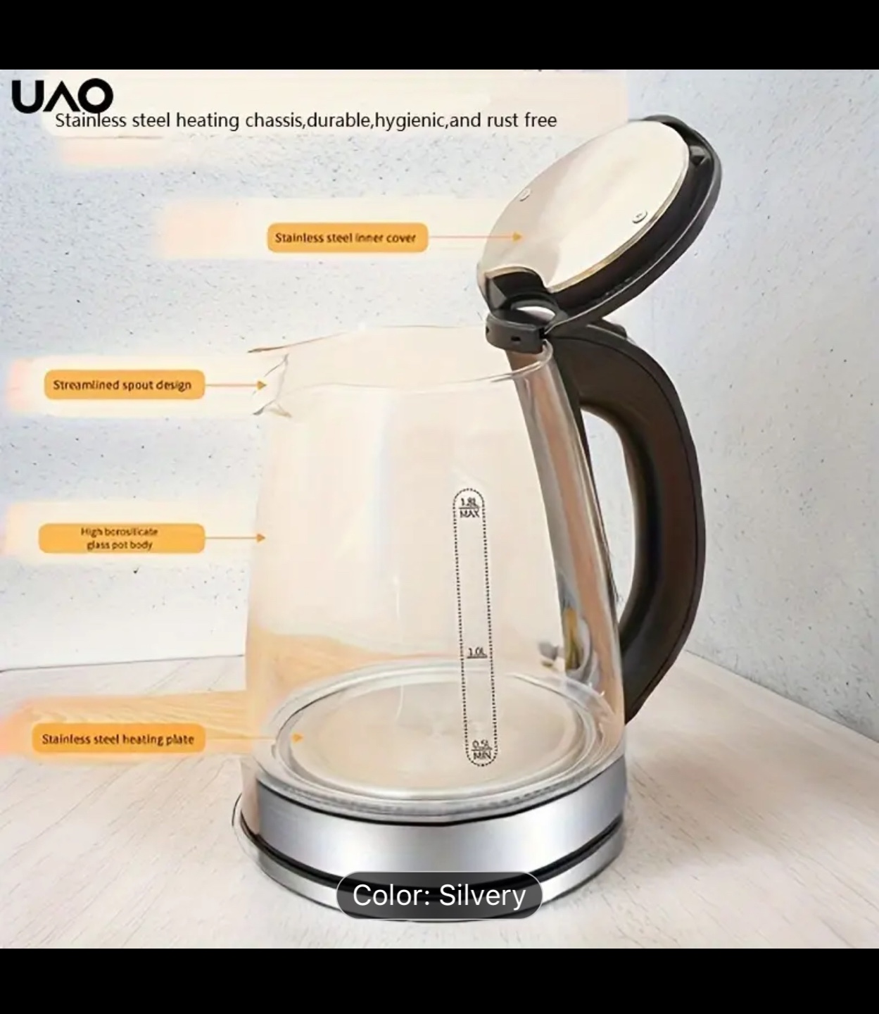 UAO 1.8L Glass Electric Kettle - Fast Boiling, 1000W - photo 4