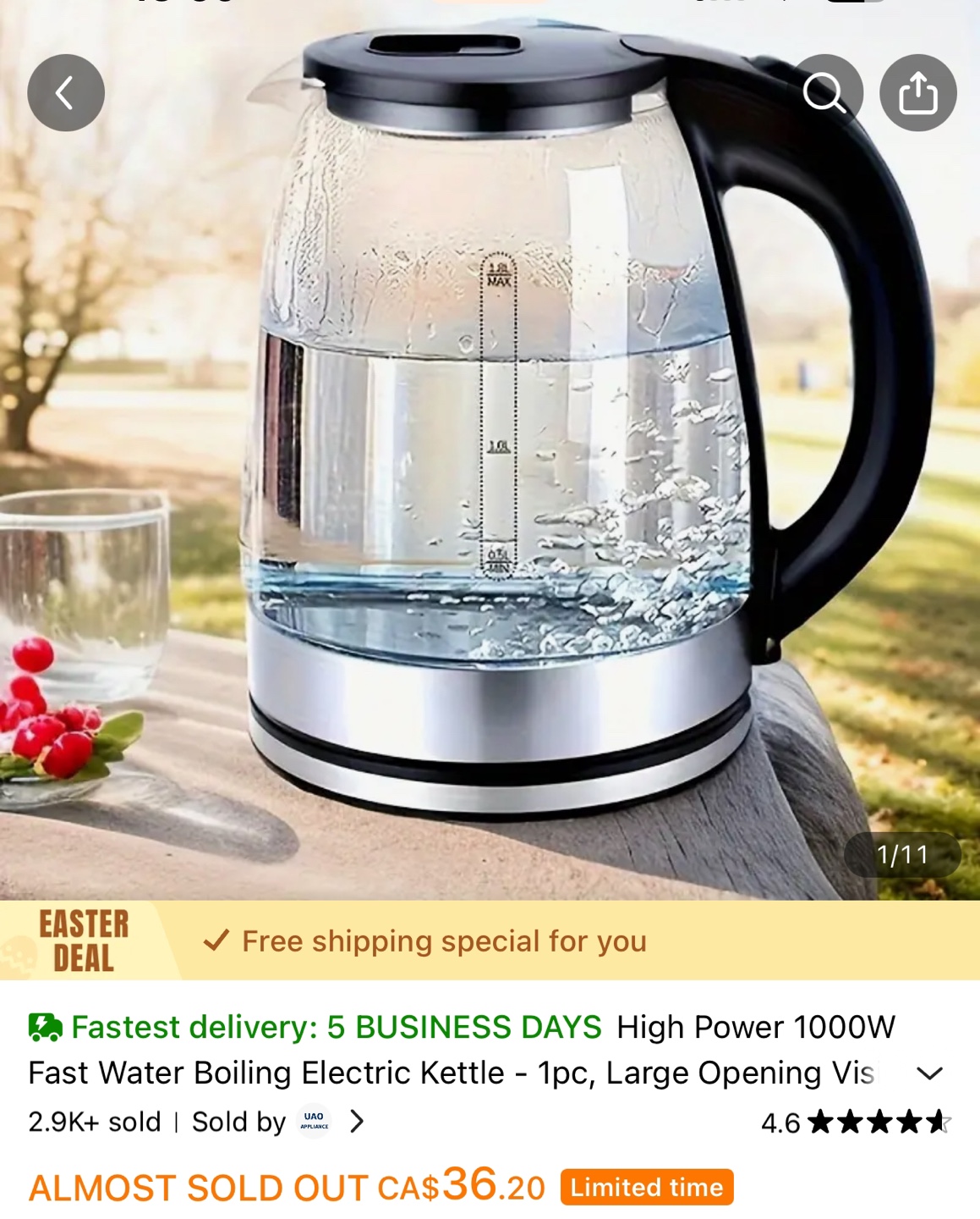 UAO 1.8L Glass Electric Kettle - Fast Boiling, 1000W