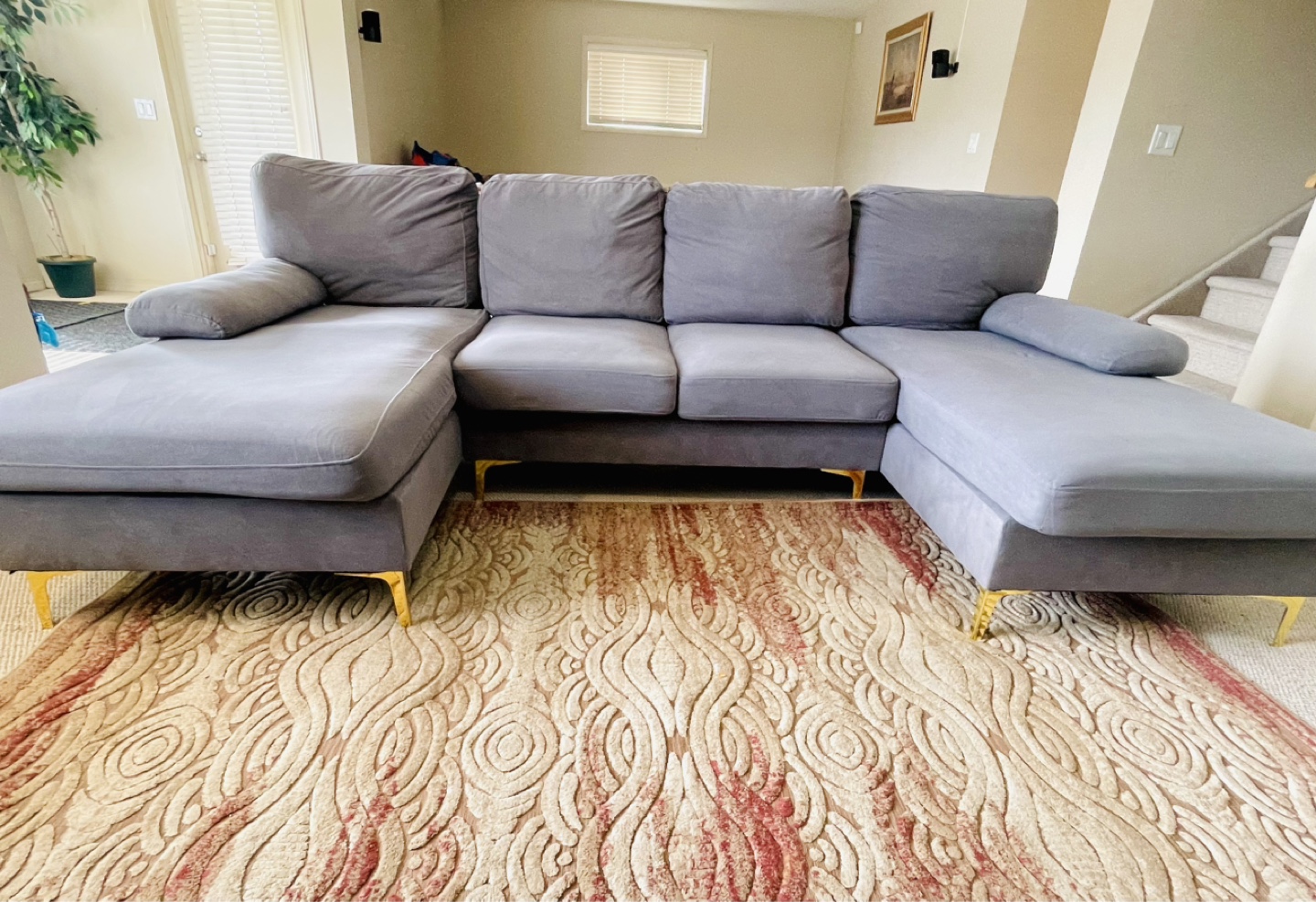 Grey Velvet U-Shaped Sectional Sofa with Gold Legs - photo 2