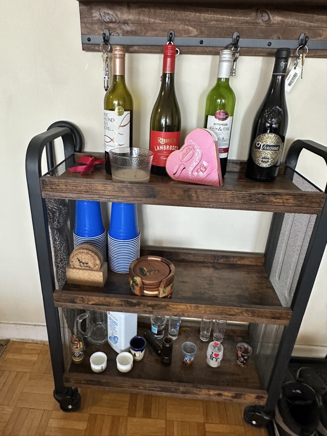 Rustic Brown Bar Cart on Wheels