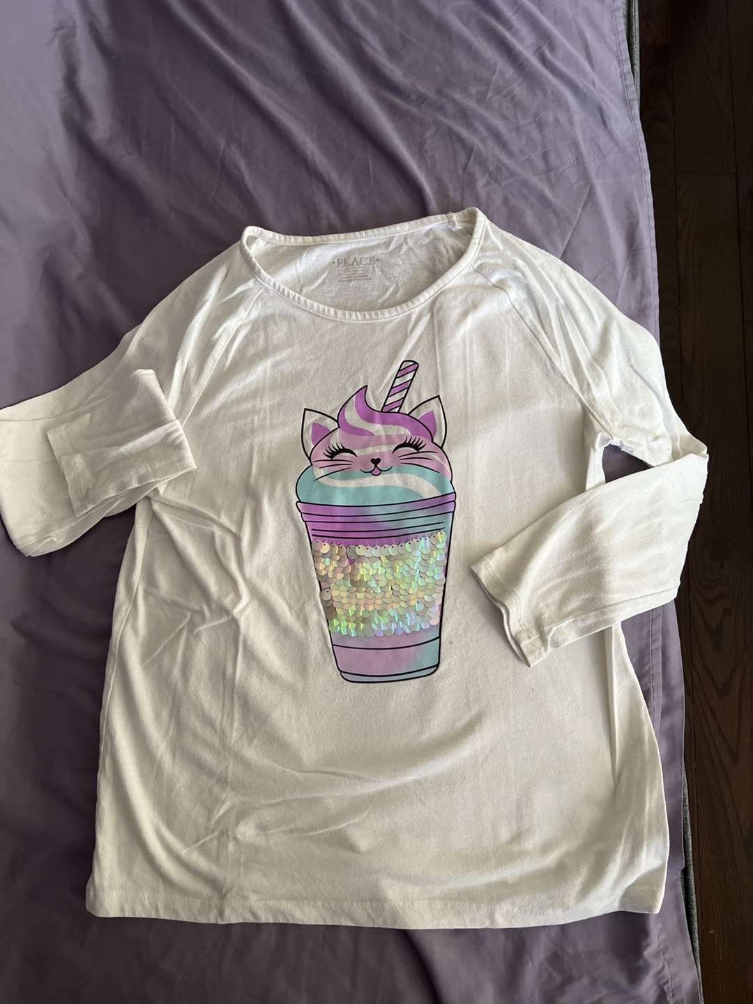 Girls' Long Sleeve Shirt, Size 7-8, Cat Drink Design