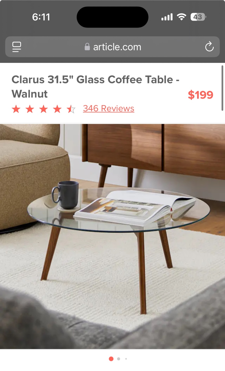 Article Clarus 31.5" Glass Coffee Table - Walnut - photo 3