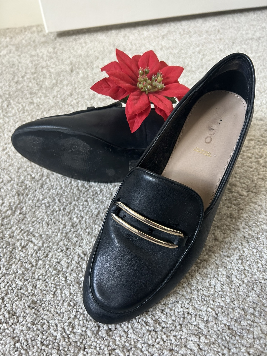 Aldo Black Leather Loafers with Gold Detail