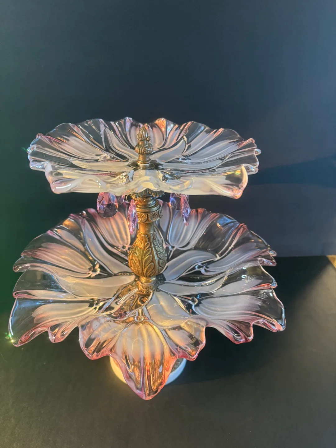 Two-tiered glass, crystals and brass serving stand image indicator(2)