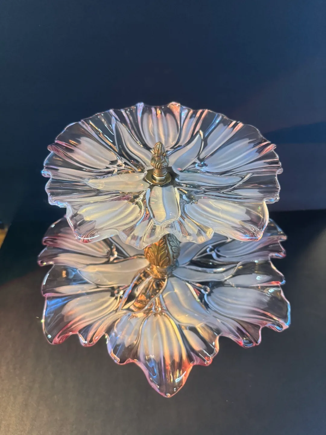 Two-tiered glass, crystals and brass serving stand image indicator(3)