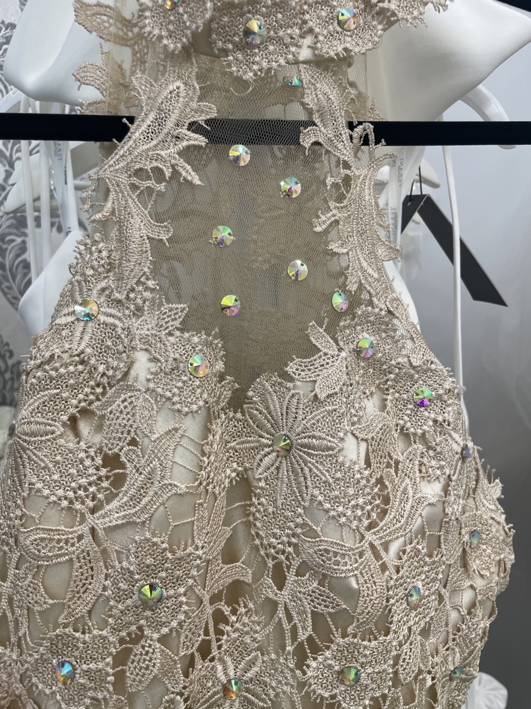 Stunning Beige Lace Cocktail Dress with Crystal Embellishments - photo 2