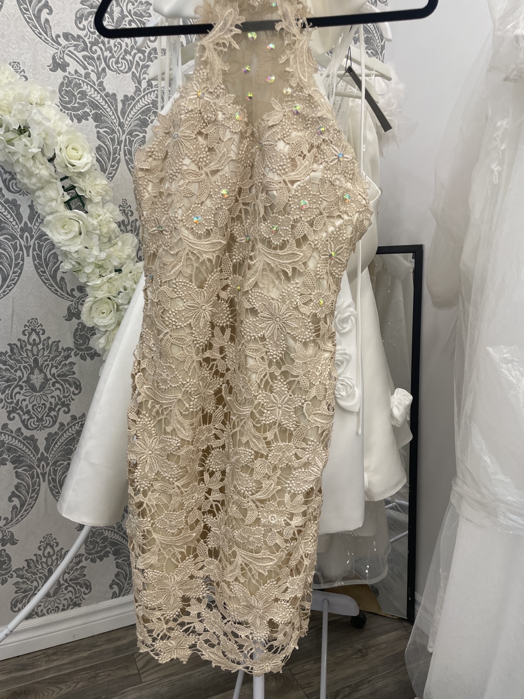 Stunning Beige Lace Cocktail Dress with Crystal Embellishments