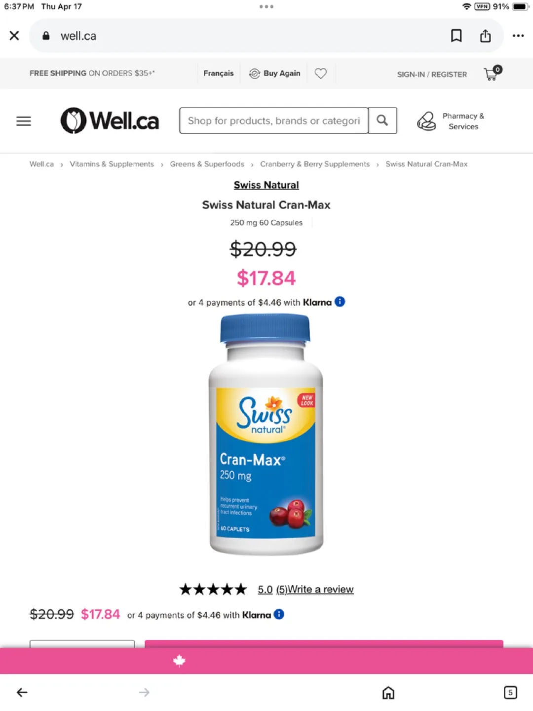 Swiss Natural Cran-Max 250mg Capsules - 60 Caplets