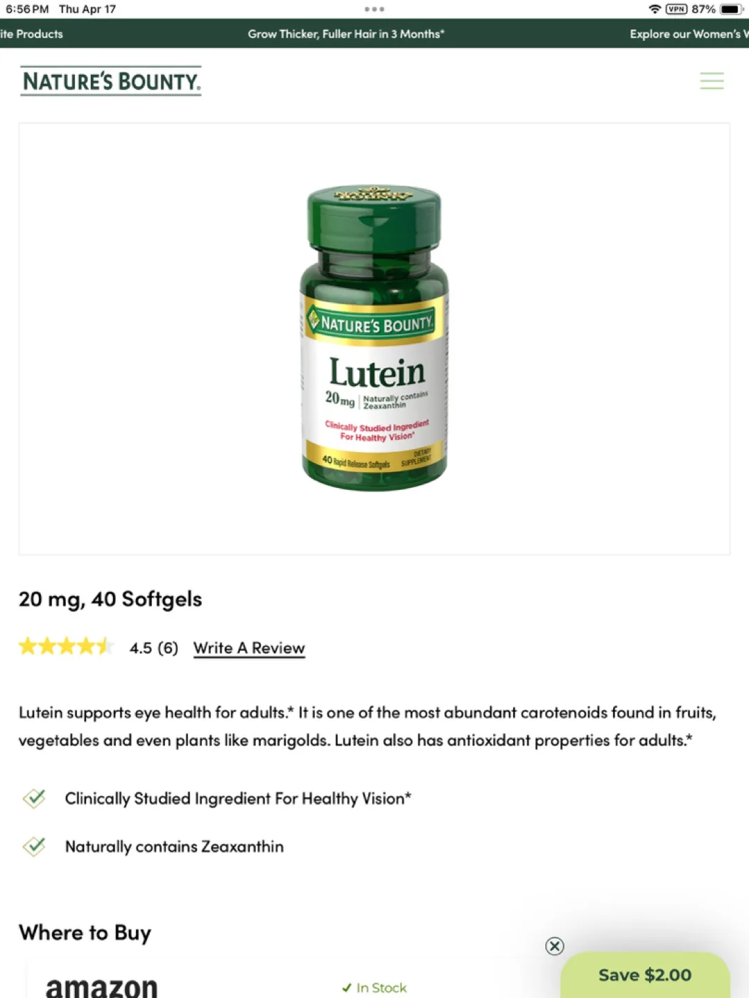 Nature's Bounty Lutein 20mg, 40 Softgels image indicator(2)