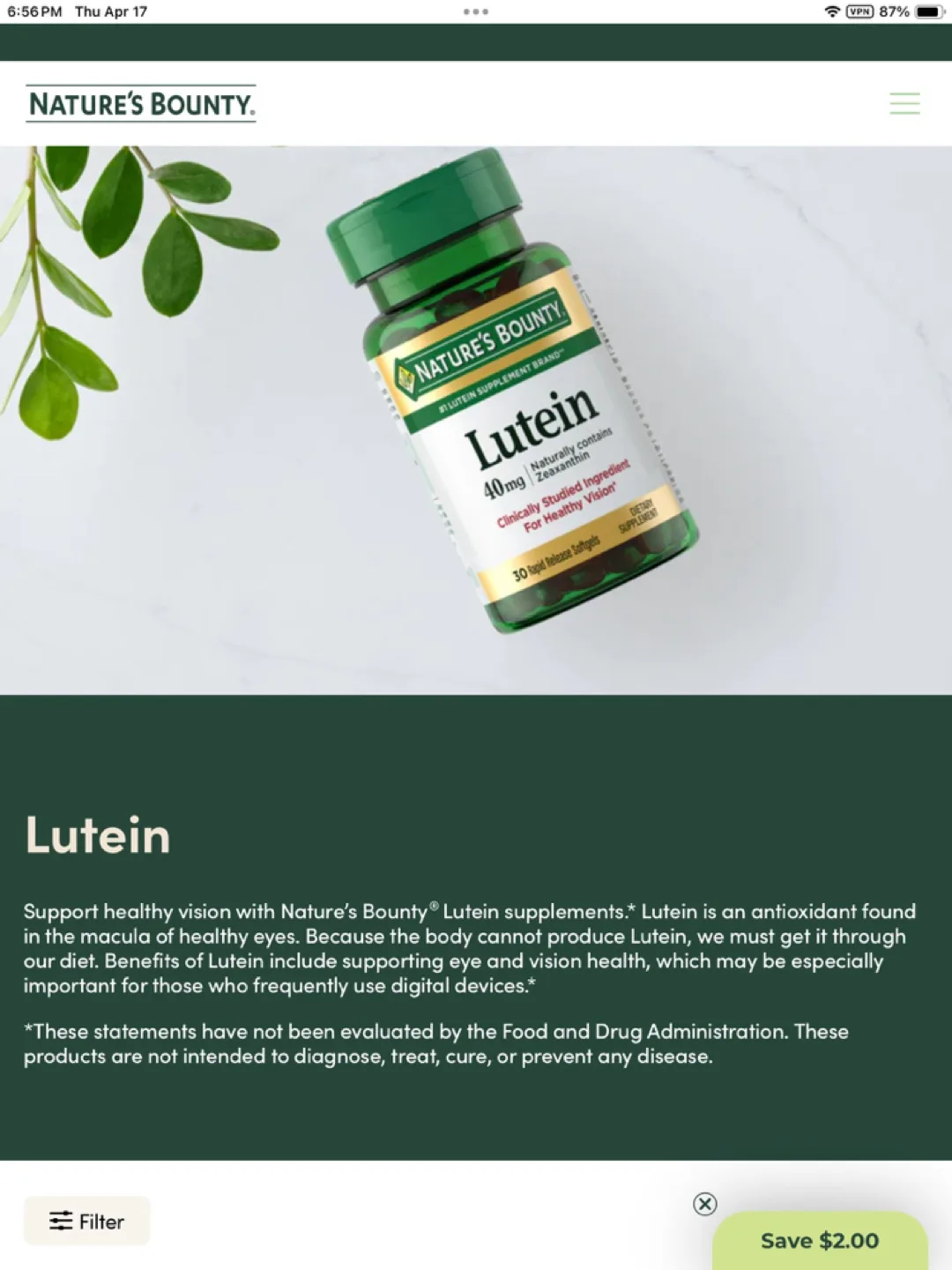 Nature's Bounty Lutein 20mg, 40 Softgels