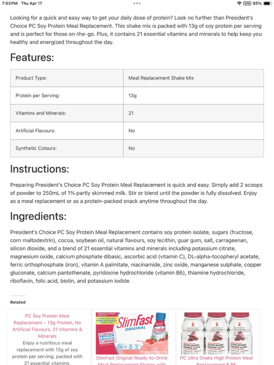 President's Choice PC Soy Protein Meal Replacement 630g image indicator(3)