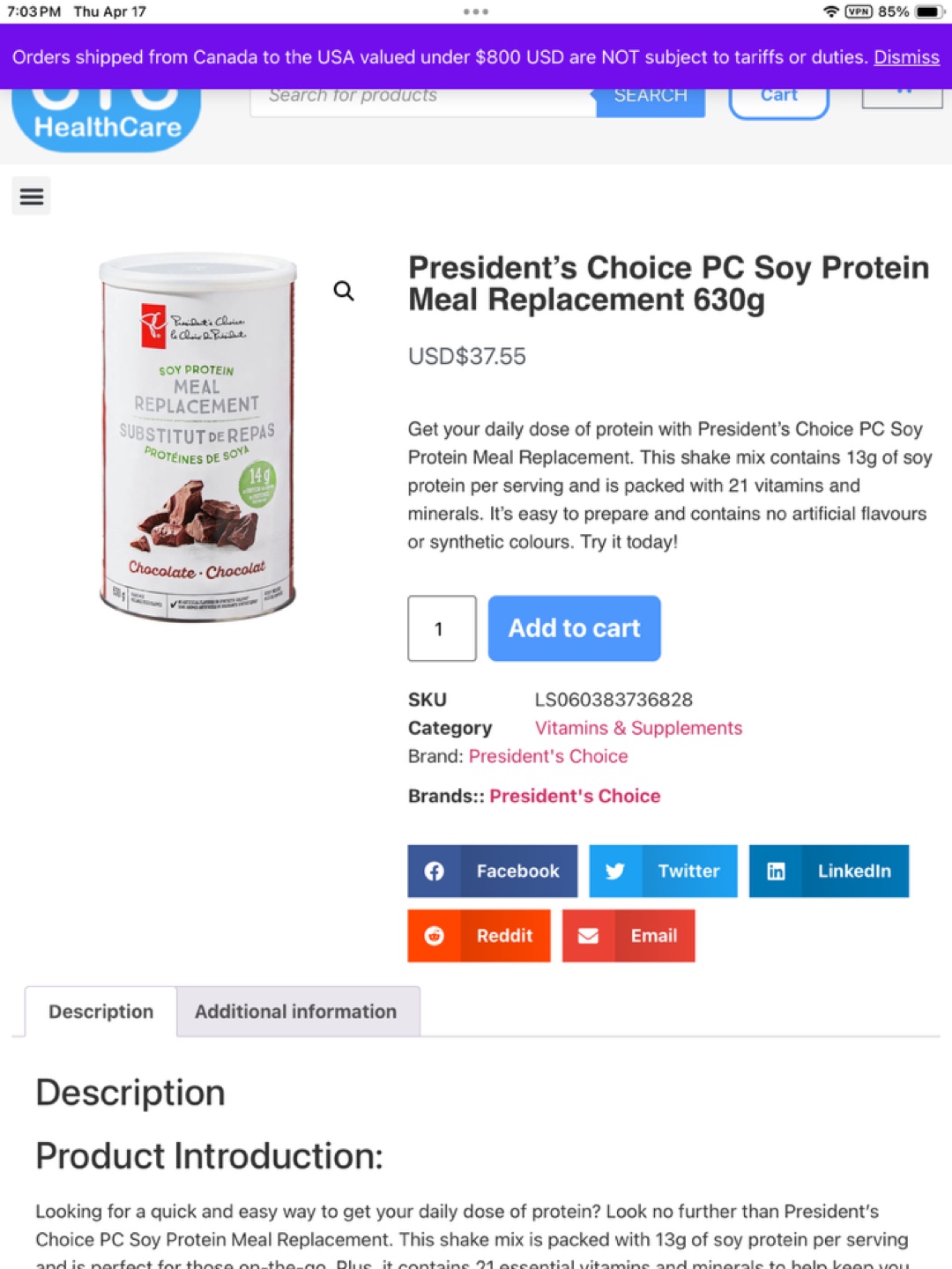 President's Choice PC Soy Protein Meal Replacement 630g