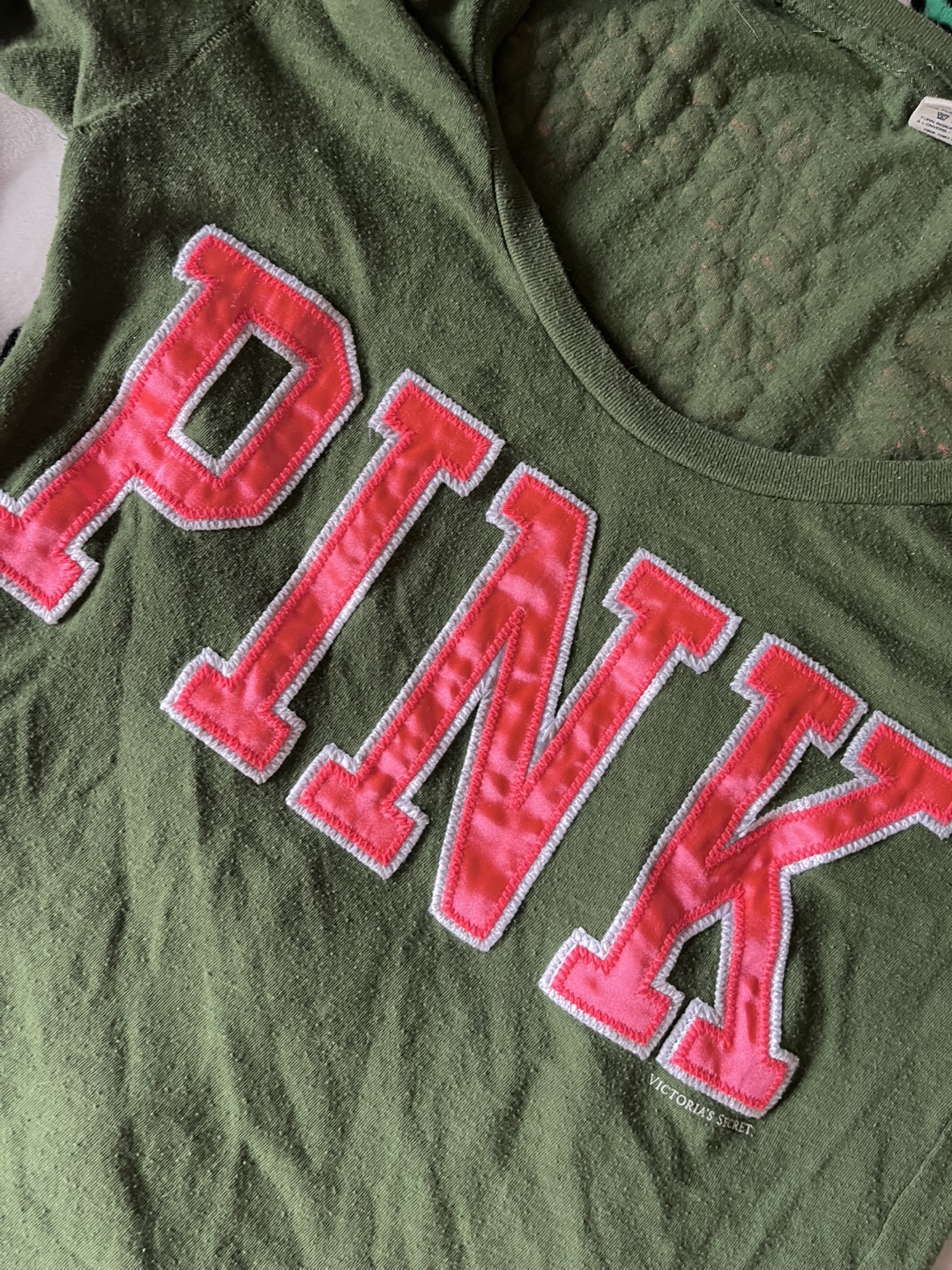 Pink Victoria's Secret Olive Green T-Shirt Sz M - photo 2
