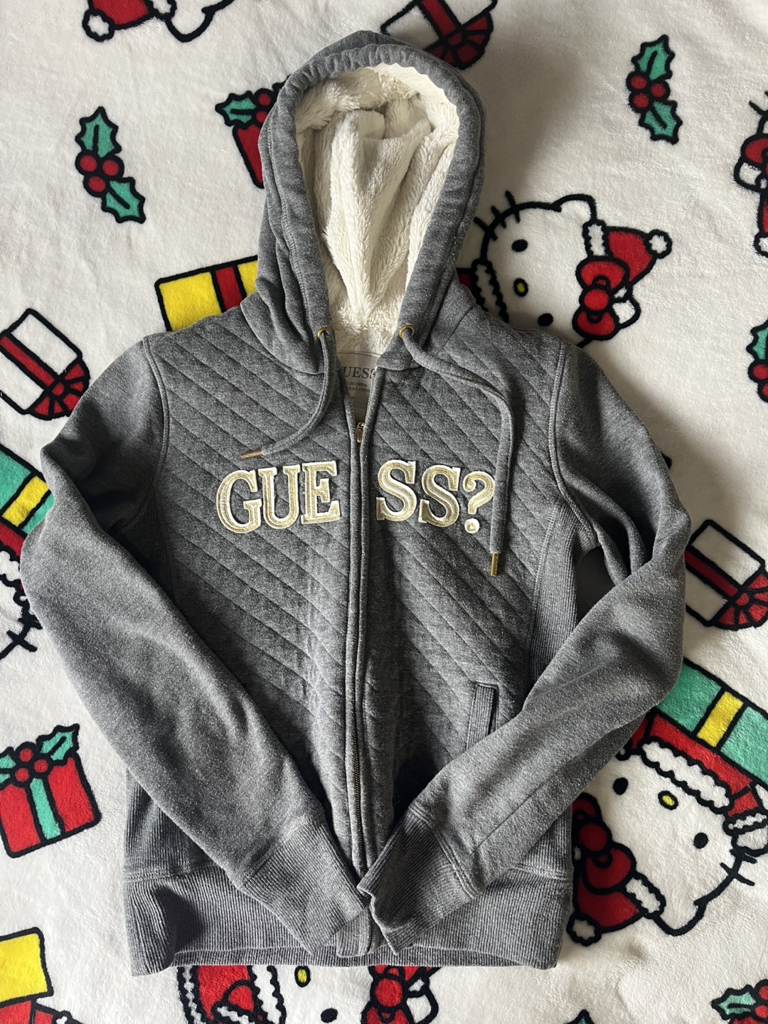Guess Grey Quilted Sherpa Lined Zip-Up Hoodie