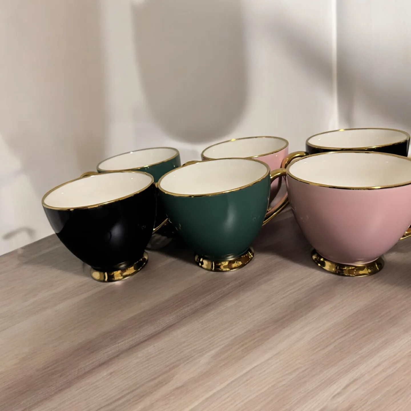 Set of 6  Gold-rimmed Teacups - Pink, Green, Black thumbnail