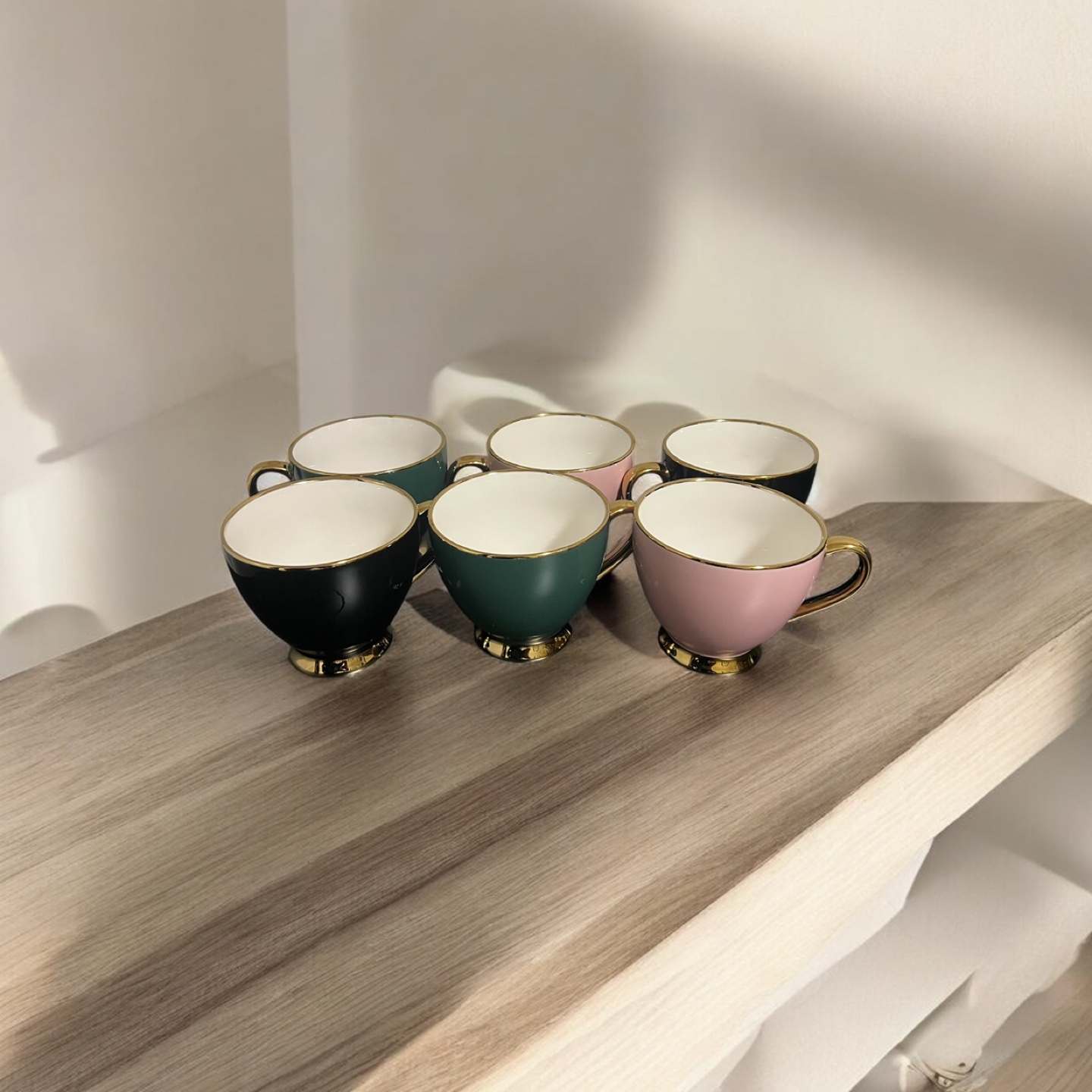 Set of 6 Gold-rimmed Tea Cups - Pink, Black, and Green