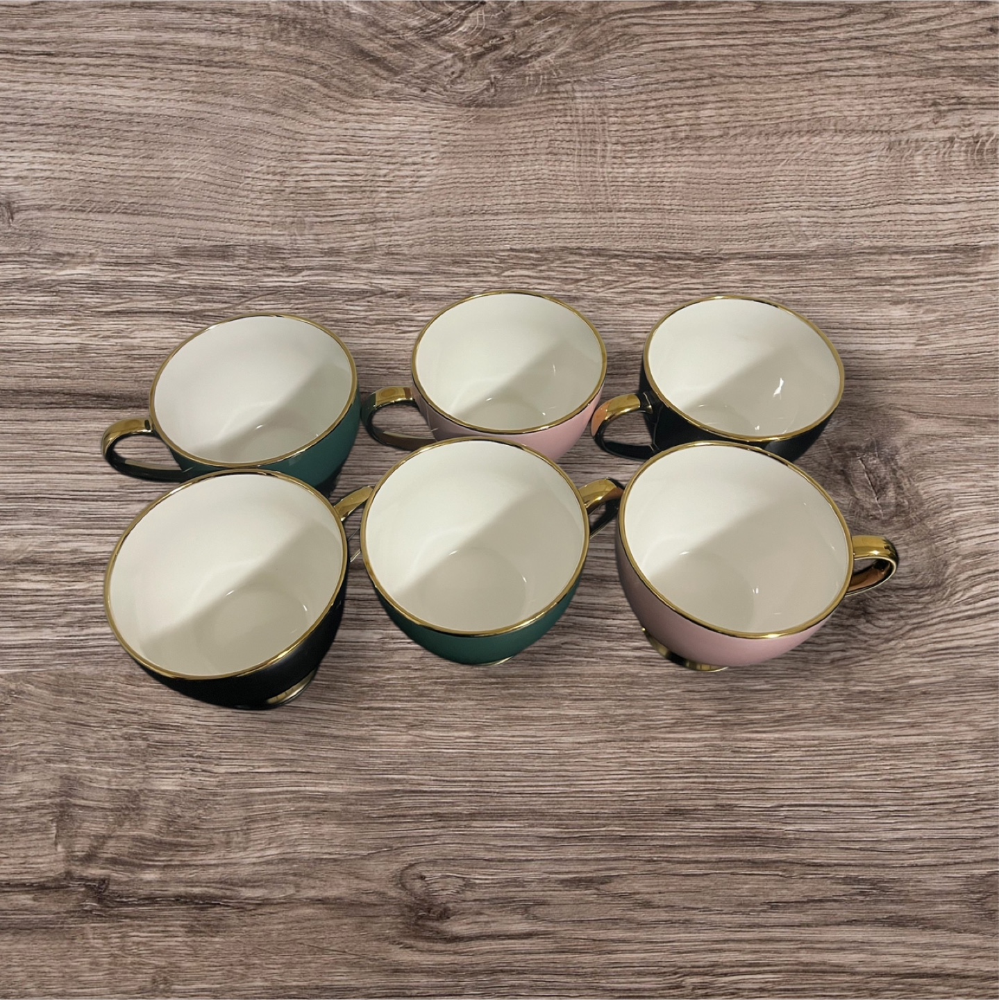 Set of 6 Gold-rimmed Tea Cups - Pink, Black, and Green - photo 2