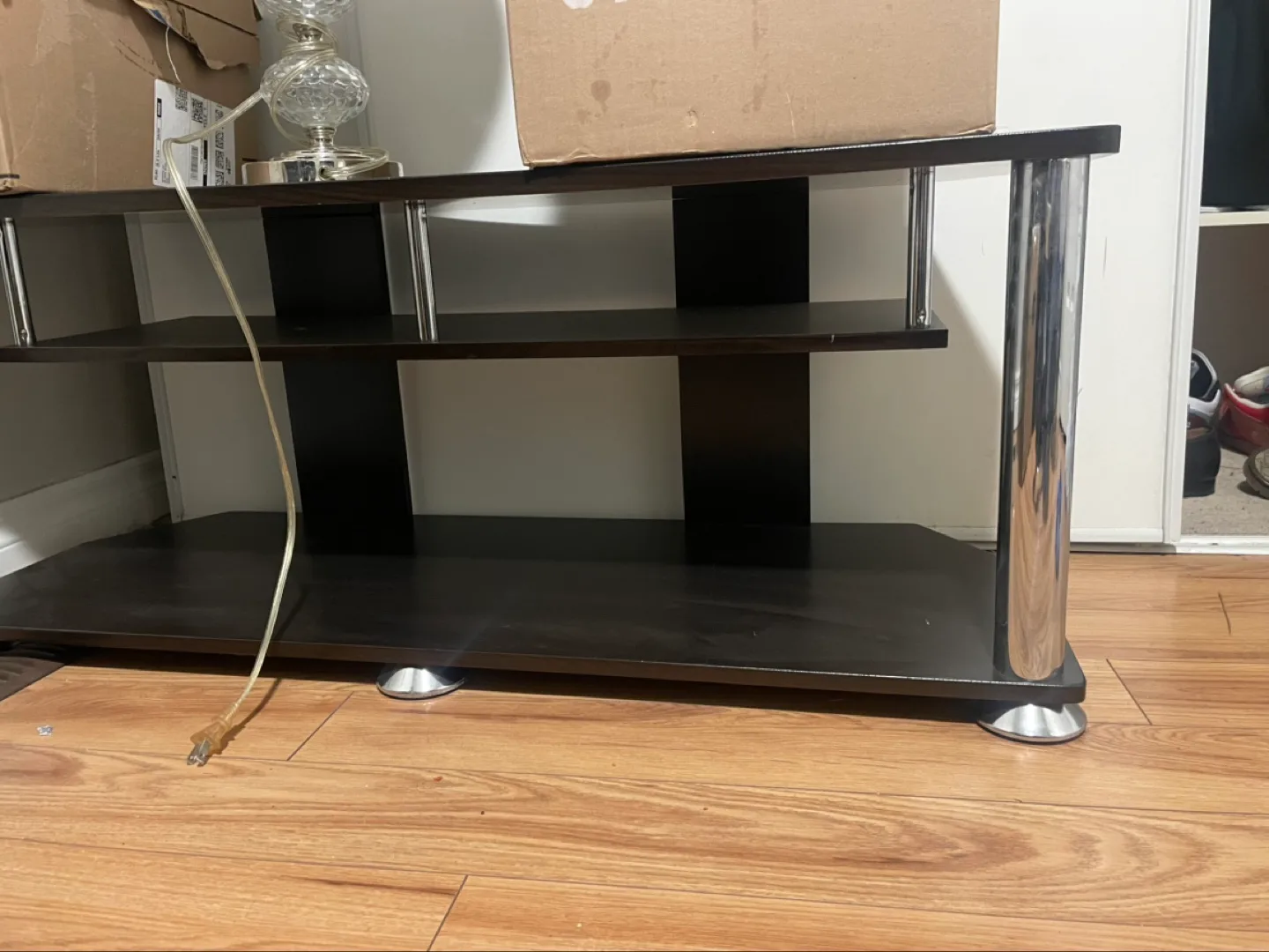 Corner TV Stand - Black with Chrome Accents image indicator(2)