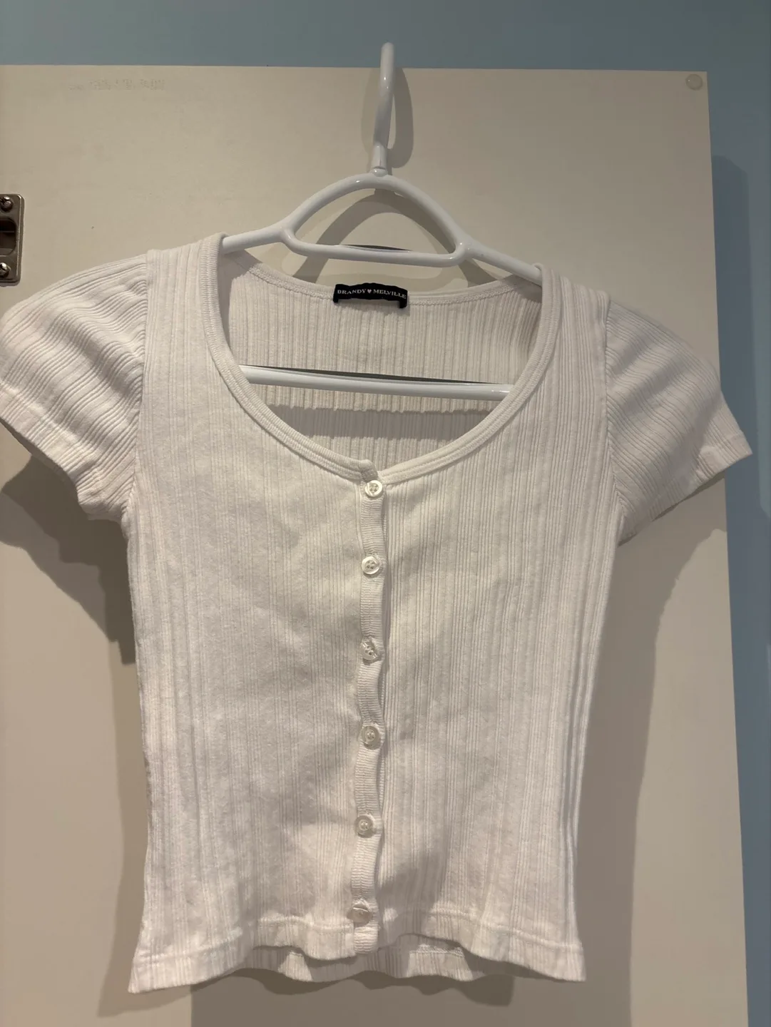 Brandy Melville White Ribbed Button Up Crop Top thumbnail