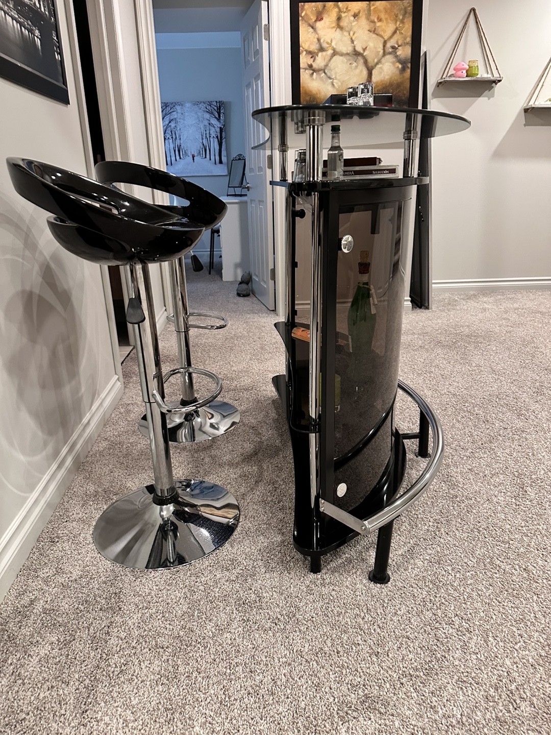Modern Black Glass Home Bar with Two Stools - photo 3
