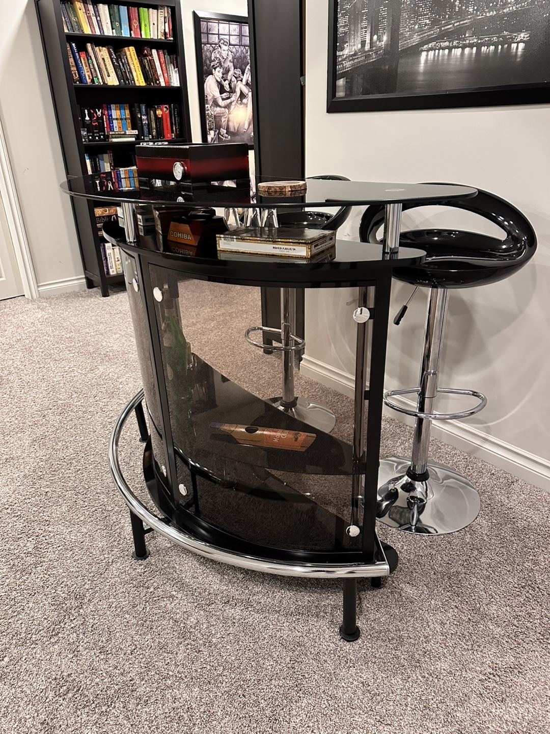 Modern Black Glass Home Bar with Two Stools