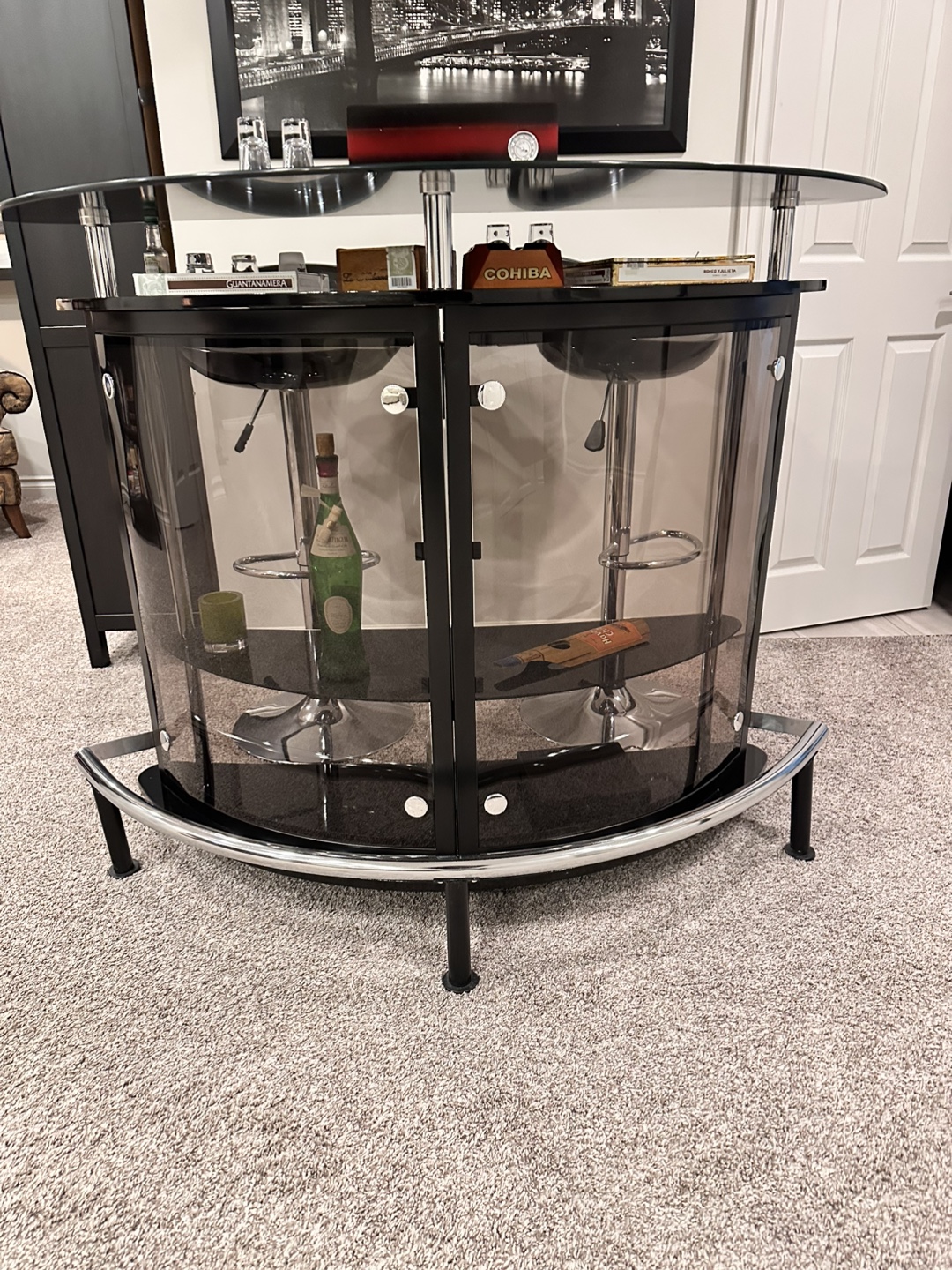 Modern Black Glass Home Bar with Two Stools - photo 2