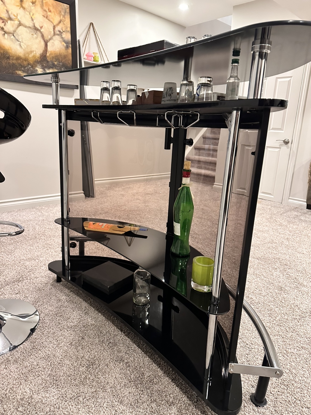 Modern Black Glass Home Bar with Two Stools - photo 4