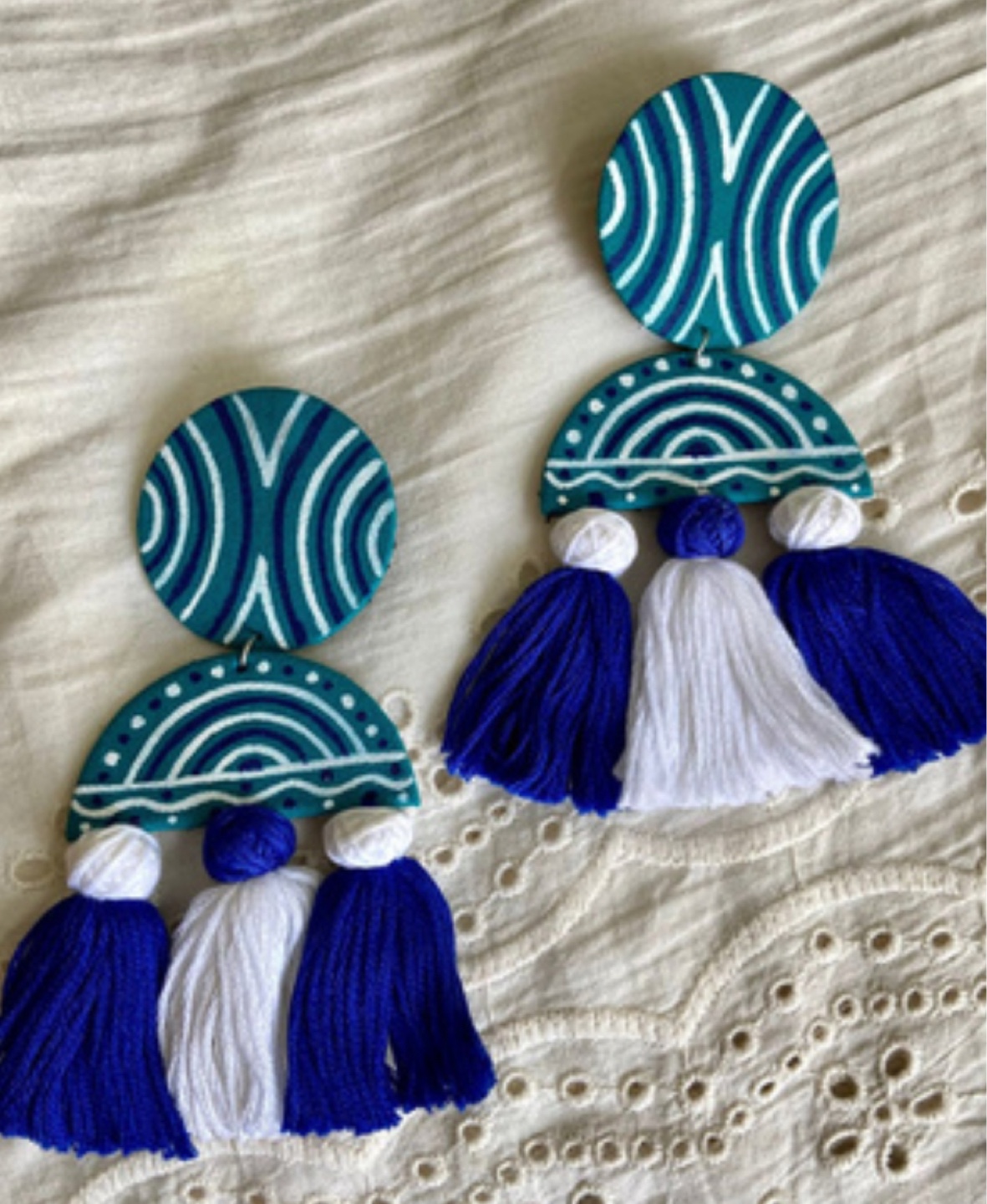 Hand-painted Teal and White Tassel Earrings
