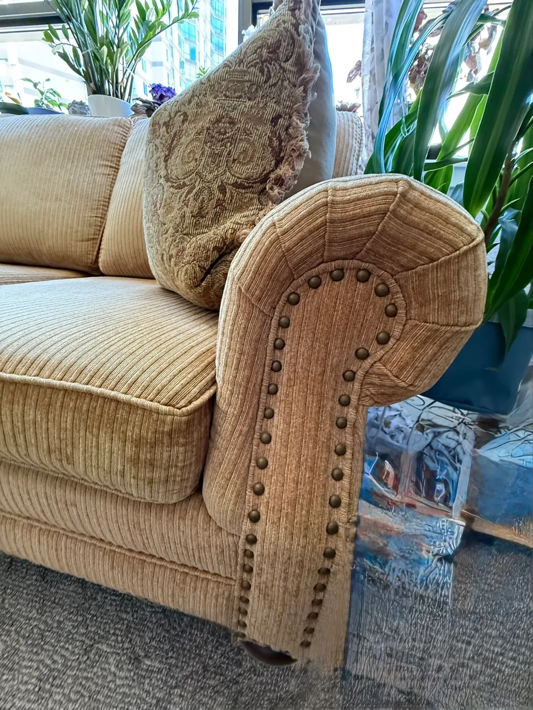Beige Corduroy Sofa with Nailhead Trim image indicator(2)