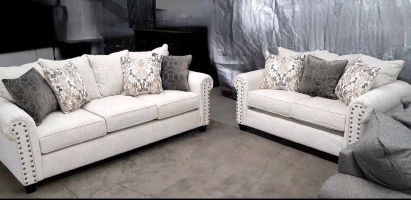 New White Nailhead Sofa and Loveseat