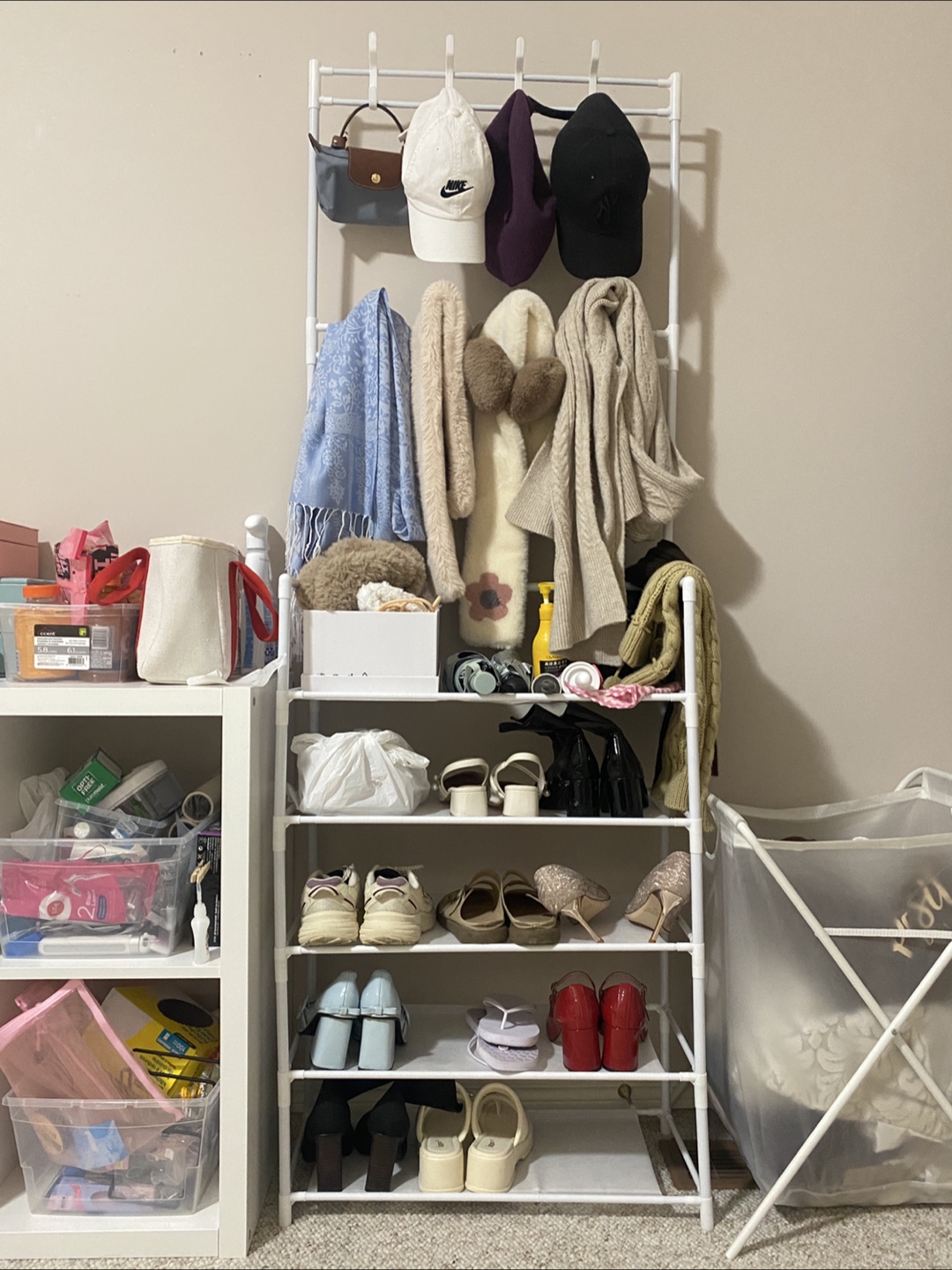 White Plastic Shoe Rack with Waterproof Fabric Shelves