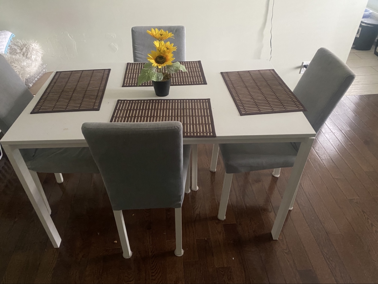 White Dining Table Set with Four Grey Chairs