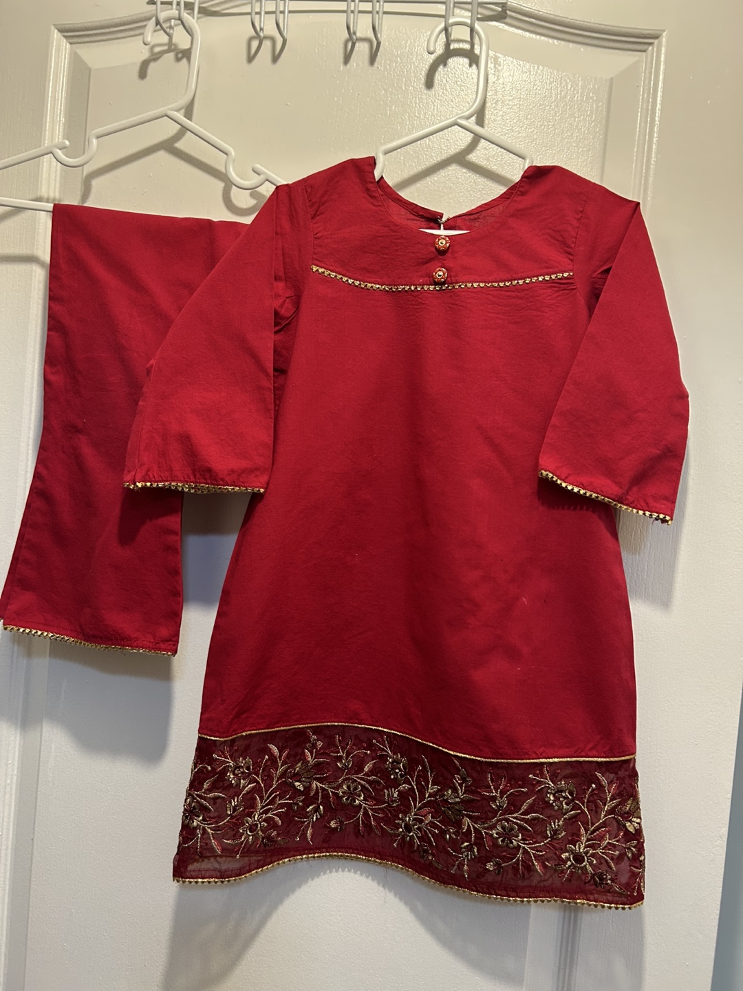 Girls' Red Embroidered Shirt & trouser