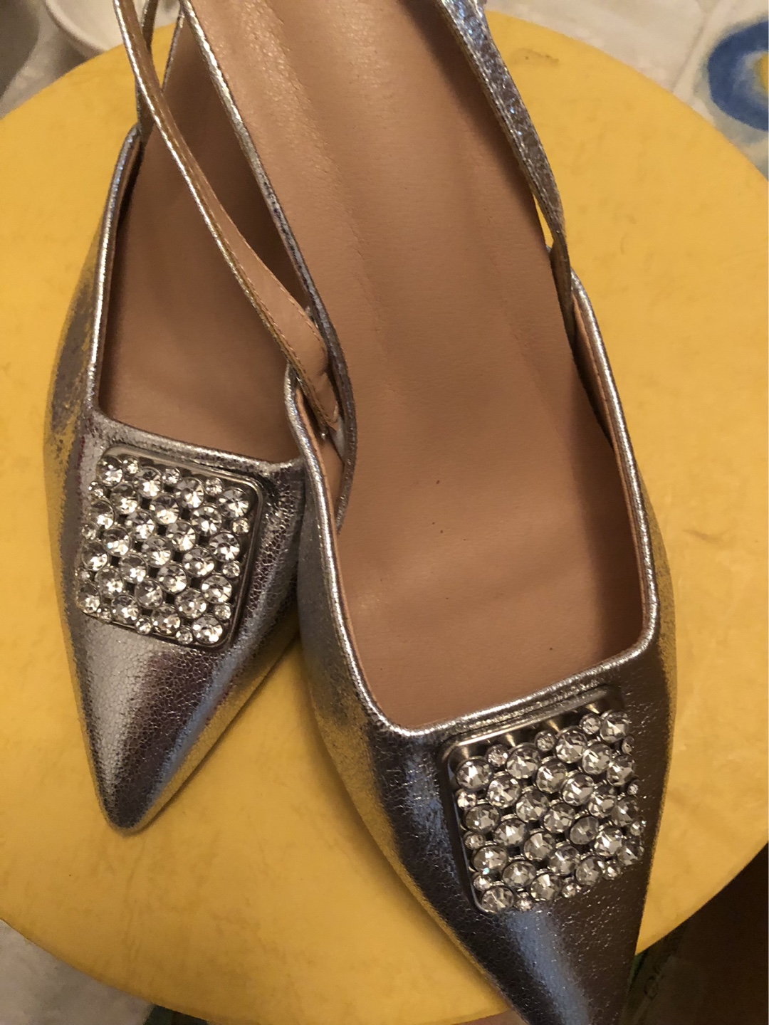 Silver Rhinestone Pointed Toe Slingback Heels