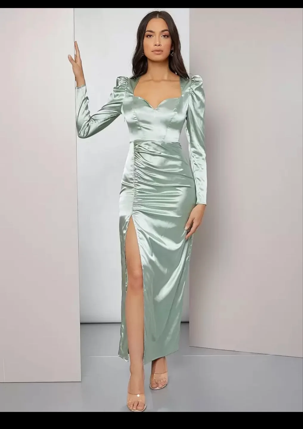 Sage Green Satin Maxi Dress with Leg Slit thumbnail