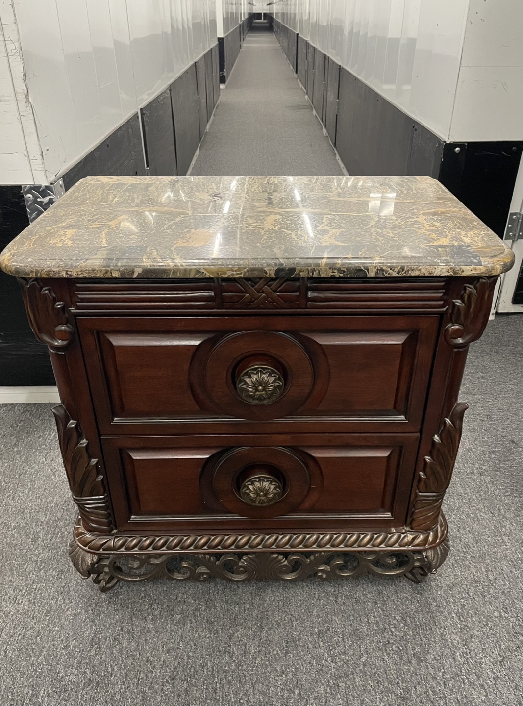 Elegant Polished Breccia Marble Top w/ Metal Ornate Nightstand