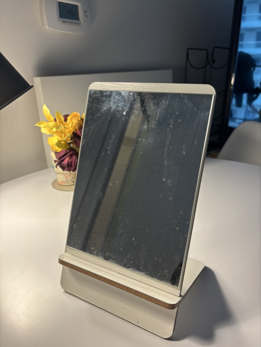 Small Tabletop Mirror with White Wooden Stand