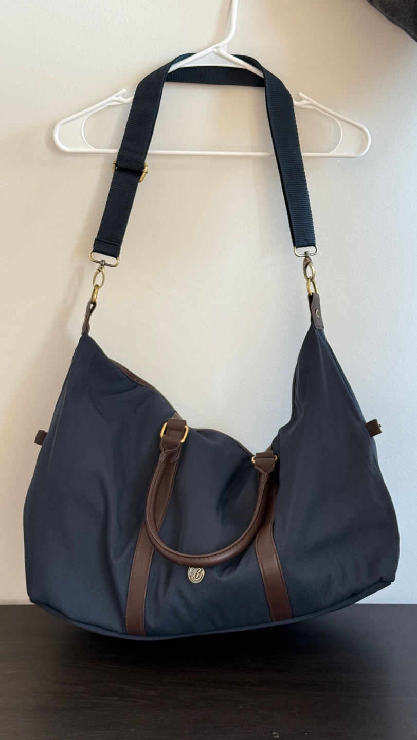 Navy Weekender Bag with Brown Leather Accents