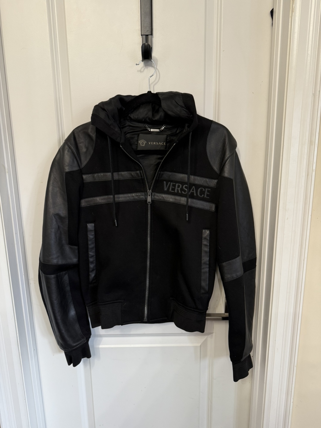 Versace Black Leather & Textile Hooded Jacket