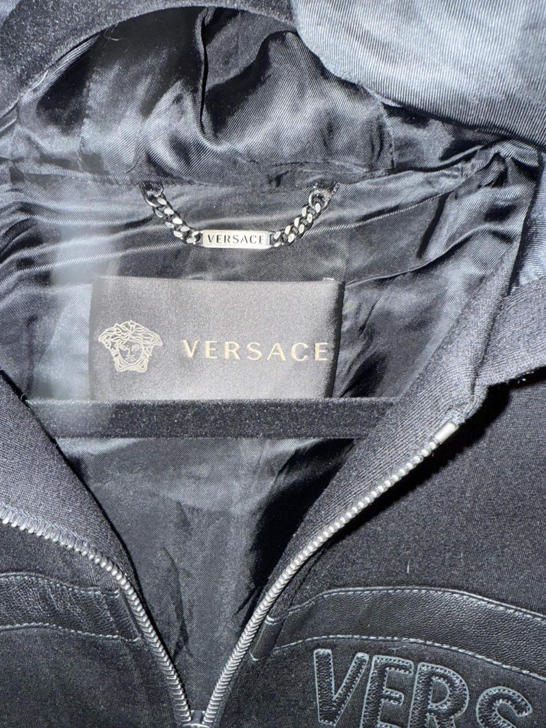 Versace Black Leather & Textile Hooded Jacket - photo 2