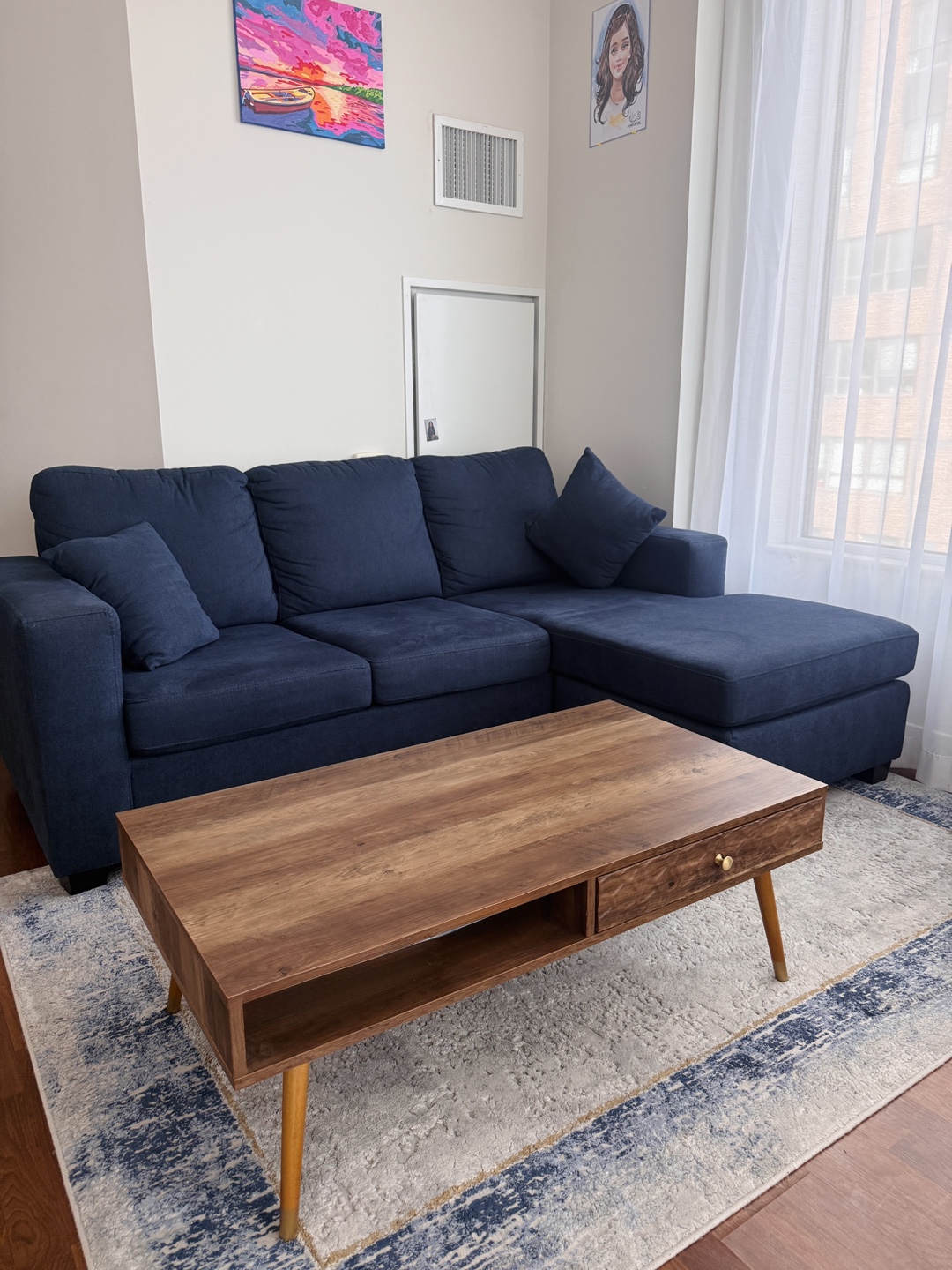 Blue Sectional convertible Sofa and Coffee Table