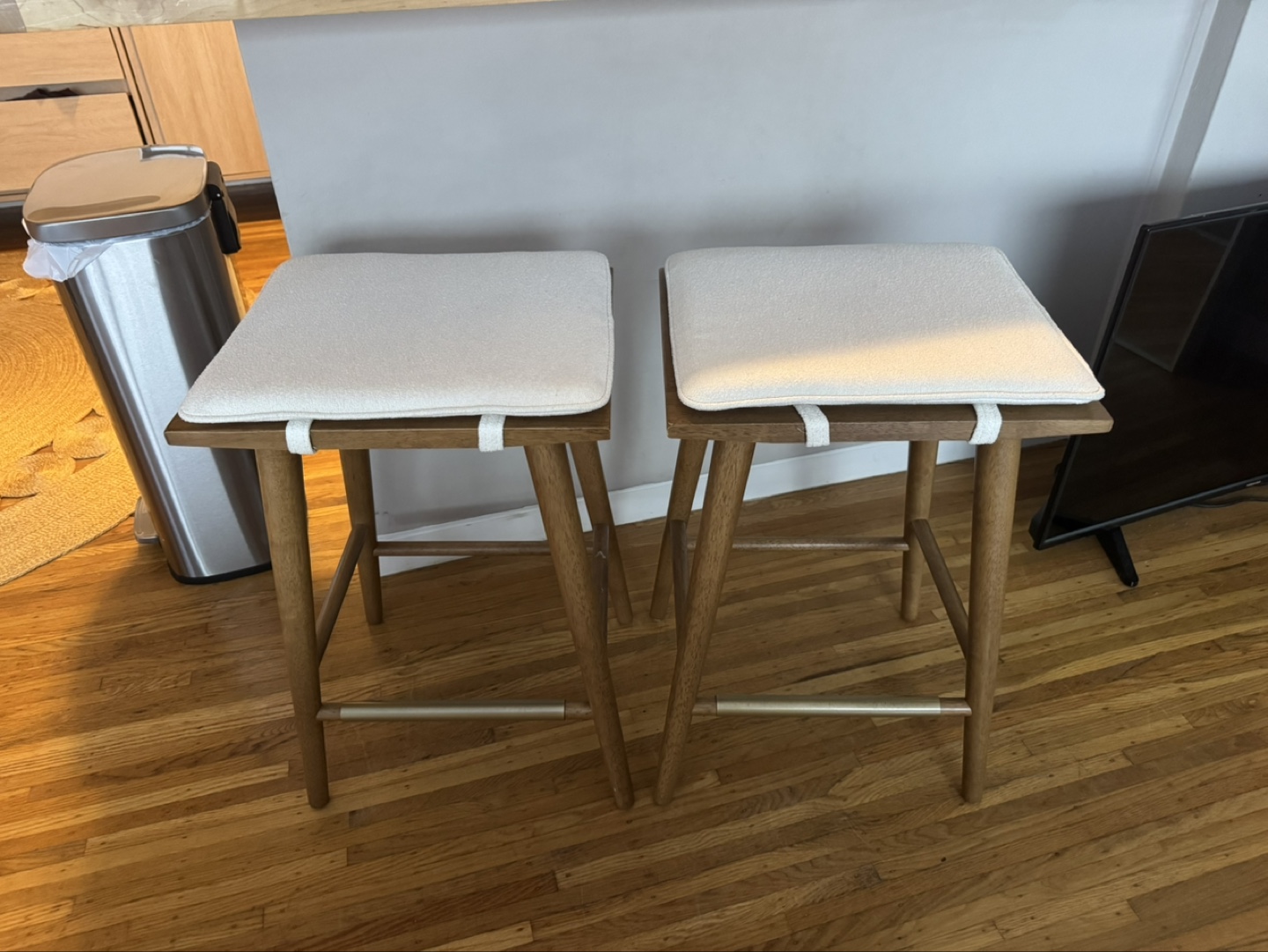 Pair of Wooden Stools with Cushions