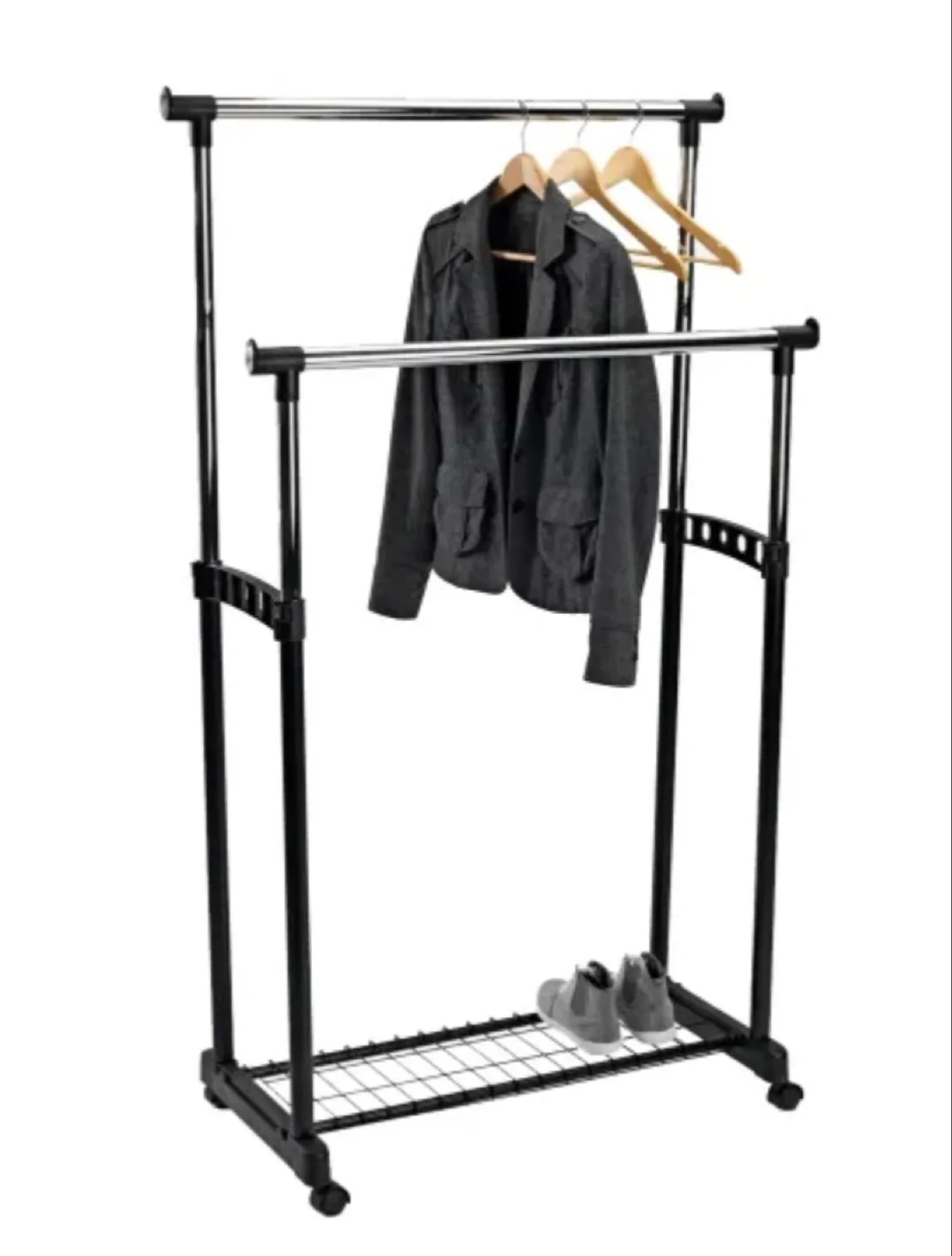 Double Rod Garment Rack with Shelf and Wheels image indicator(3)