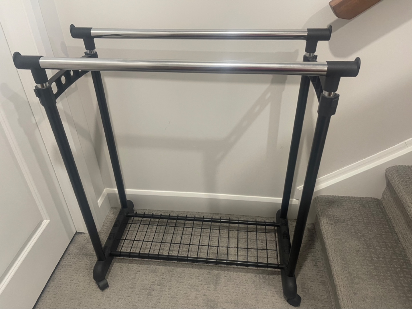 Double Rod Garment Rack with Shelf and Wheels