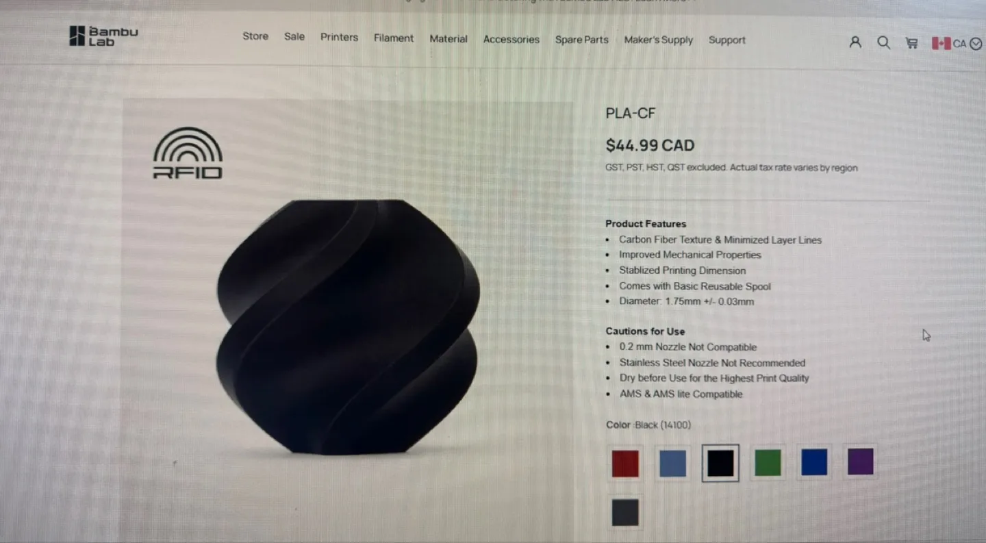 Bambu Lab PLA-CF Filament - 1kg Spool - Black thumbnail
