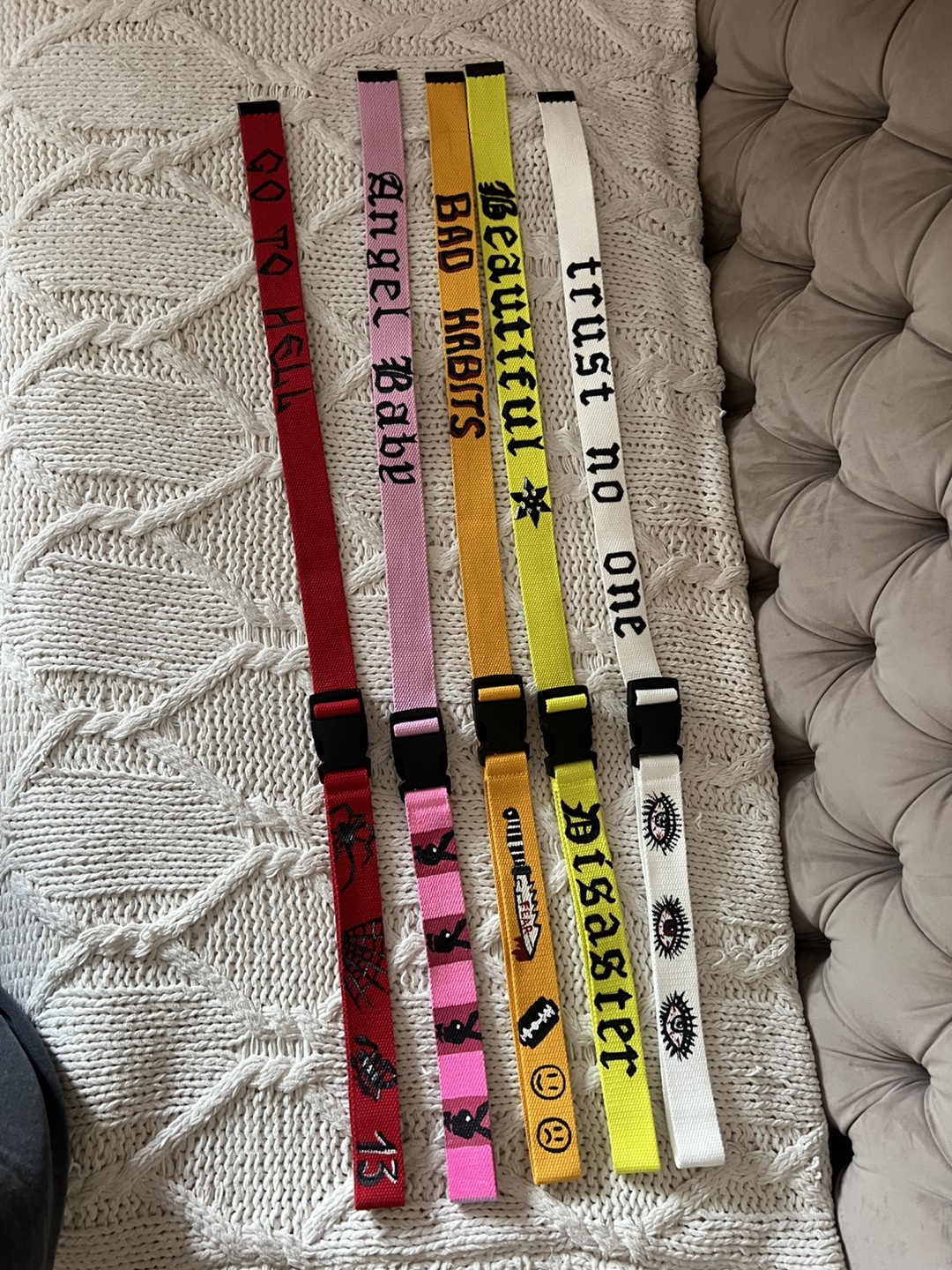 Set of six custom printed belts