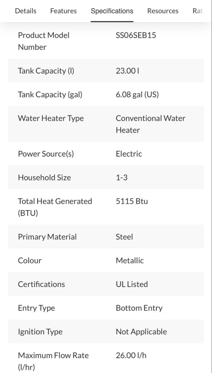 SpaceSaver SS06SEB15 6-Gallon Electric Water Heater - photo 3
